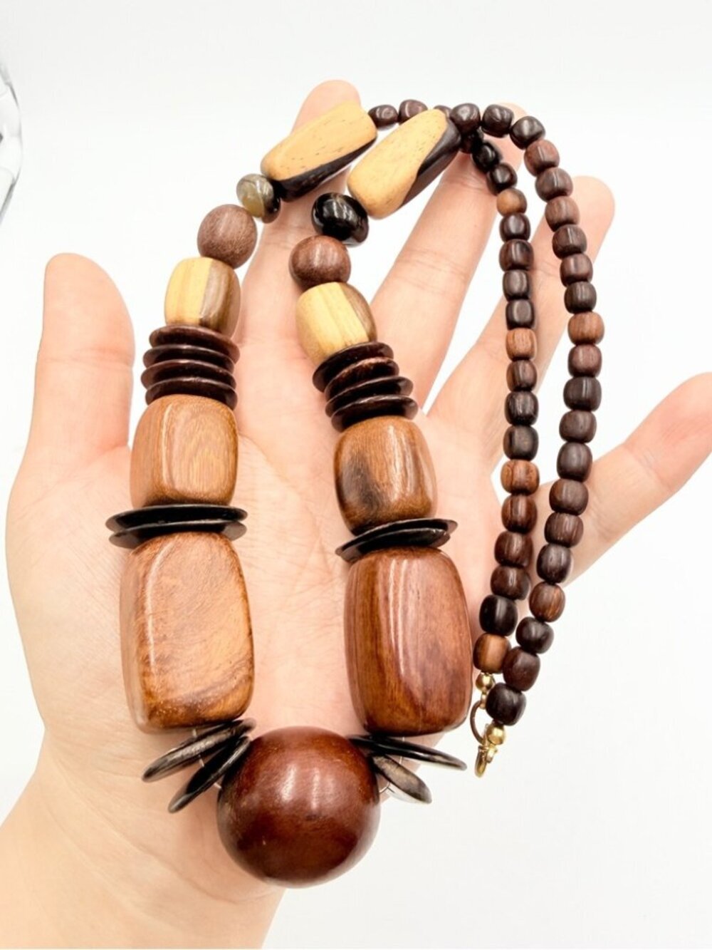 Vintage Wood Bead Statement Necklace Brown Natural Chunky Tribal Boho